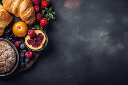 Assortment of fresh fruits and pastries on a dark background