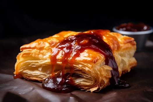 Flaky pastry topped with glossy red sauce on a dark background