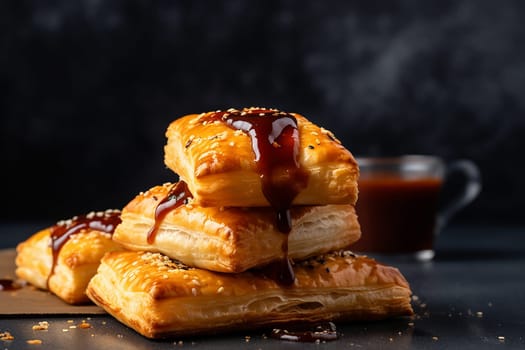 Golden flaky pastries drizzled with chocolate syrup on a dark surface