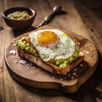 Toasted bread topped with avocado and a sunny-side-up egg.