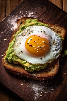 Avocado toast with a sunny side up egg on top, seasoned with pepper and salt.