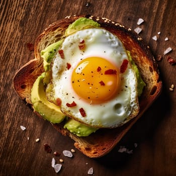Toasted bread topped with avocado slices, a fried egg, and bacon bits.