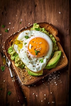 Sunny side up egg on avocado toast, sprinkled with herbs and seasonings.