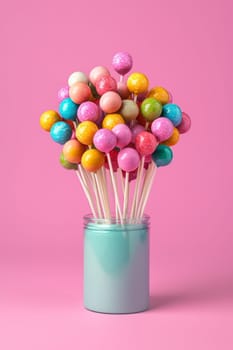 Colorful lollipop bouquet in a blue jar against pink background