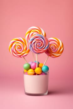 Colorful lollipops and candies in a container against a pink background