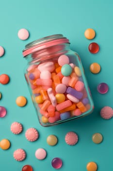 Colorful assorted candies in a clear jar against a teal background.