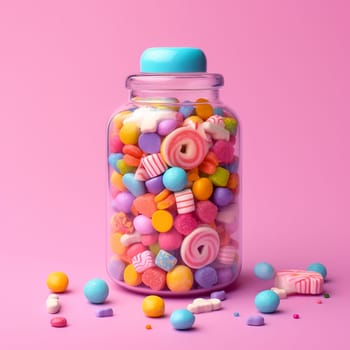 Colorful assorted candies in a clear jar with a blue lid on a pink background.