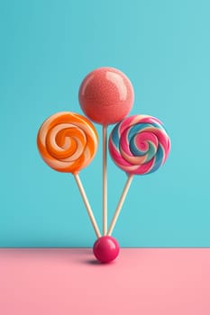 Three colorful lollipops with different designs against a blue and pink background.