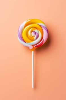 Colorful swirled lollipop on a pastel orange background.