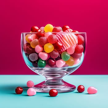 Assortment of colorful candies in a clear glass bowl against a pink and turquoise background