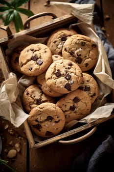 Freshly baked chocolate chip cookies in a rustic wooden box