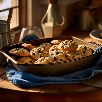 Freshly baked chocolate chip cookies in a tray, bathed in golden sunlight.