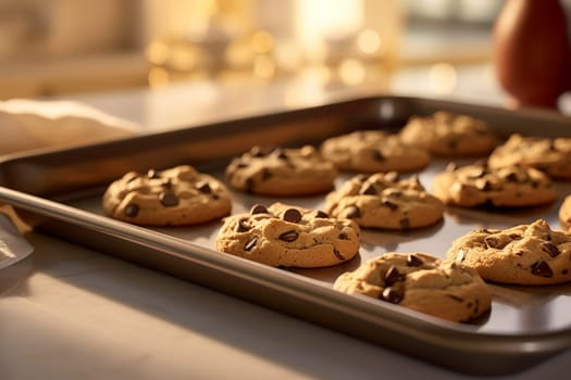 Freshly baked chocolate chip cookies on a baking sheet under warm light