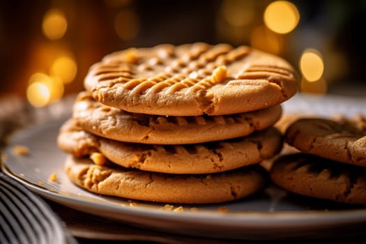 Stack of peanut butter cookies on a plate with warm background lighting
