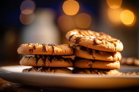 Stack of chocolate chip cookies on a plate with warm background lights