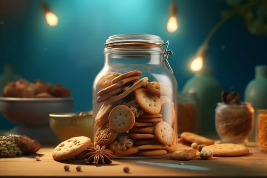 A jar filled with cookies on a table surrounded by spices and nuts.