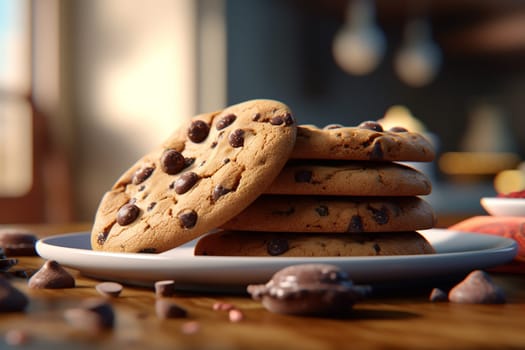 Stack of chocolate chip cookies on a plate.