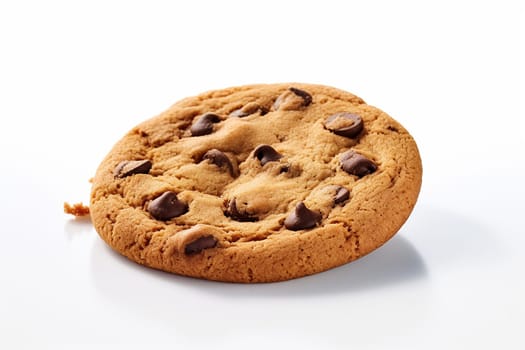 Golden-brown chocolate chip cookie on a white background.