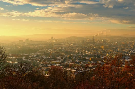 Brno city in the Czech Republic. Europe. Petrov - Cathedral of Saints Peter and Paul and Spilberk castle. Beautiful old architecture and a popular tourist destination. Photography of the city landscape in sunset. 