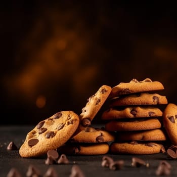 Stack of chocolate chip cookies, some broken, on dark backdrop.