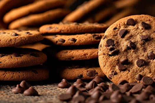 Fresh chocolate chip cookies on a table, scattered chocolate pieces around.