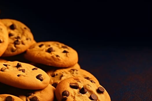 Close-up of chocolate chip cookies on a dark background.