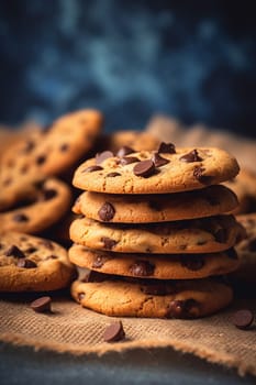 Stack of chocolate chip cookies on cloth with dark backdrop.