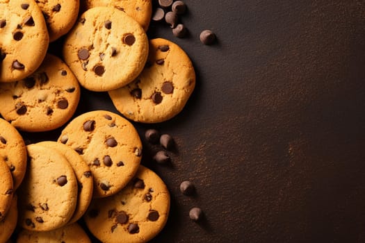 A group of chocolate chip cookies with scattered chips on a dark background
