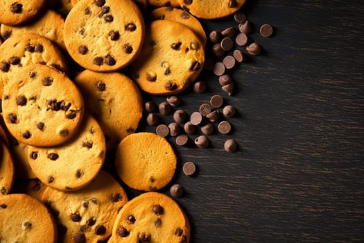 Chocolate chip cookies scattered with chocolate morsels on dark background