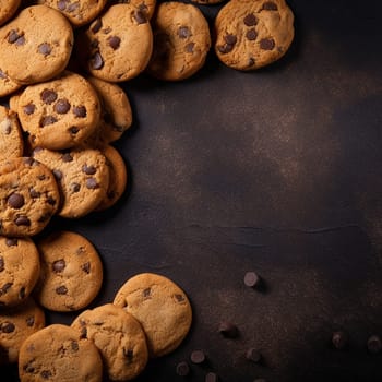 Assortment of chocolate chip cookies on dark background.