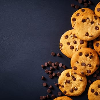 Chocolate chip cookies and scattered chips on dark surface.