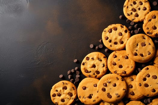 A group of chocolate chip cookies with scattered chips on a dark background