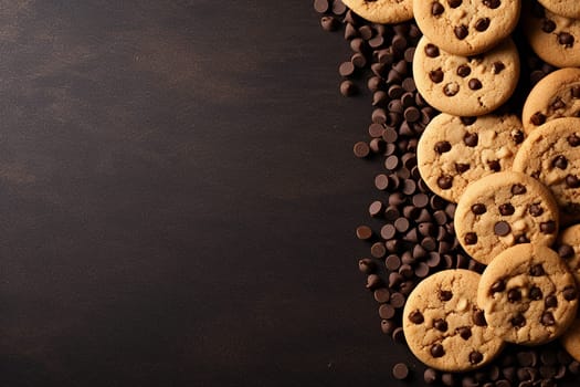 A group of chocolate chip cookies with scattered chips on a dark background