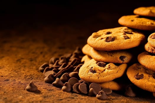 A group of chocolate chip cookies with scattered chips on a dark background