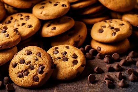 Stack of chocolate chip cookies on a dark surface.