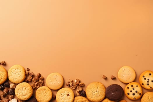 Chocolate chip cookies scattered with chocolate morsels on dark background