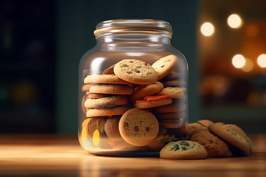 Chocolate chip cookies scattered with chocolate morsels on dark background