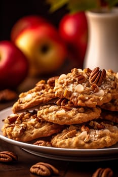 Caramel chip cookies scattered with nuts on dark background