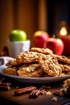 Caramel chip cookies scattered with nuts on dark background