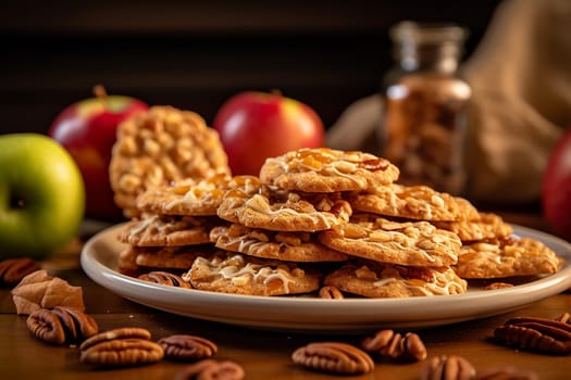 Caramel chip cookies scattered with nuts on dark background