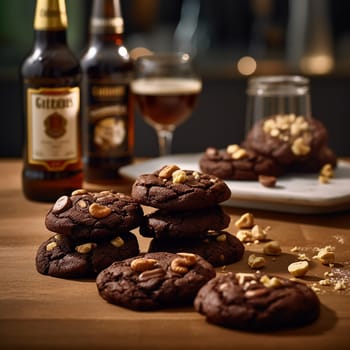 Chocolate chip cookies scattered with chocolate morsels on dark background