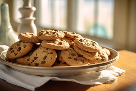 Chocolate chip cookies scattered with chocolate morsels on dark background
