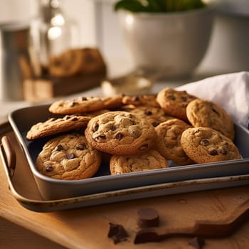 Chocolate chip cookies scattered with chocolate morsels on dark background