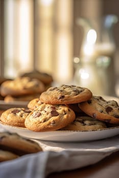 Chocolate chip cookies scattered with chocolate morsels on dark background