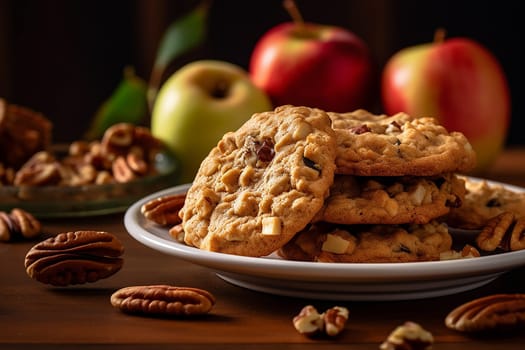 Chocolate chip cookies scattered with chocolate morsels on dark background