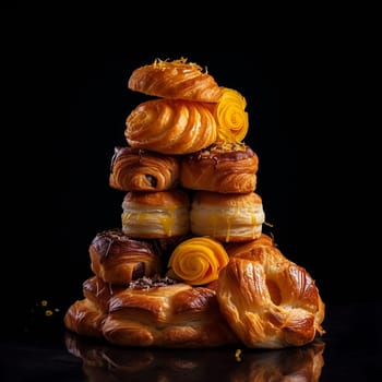 A stack of golden croissants with decorative pastry on dark background.