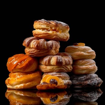 Assorted pastries stacked against a dark background, reflecting on a shiny surface.