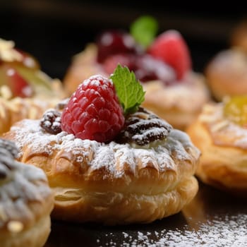 Assorted fresh pastries topped with fruits and dusted with powdered sugar.