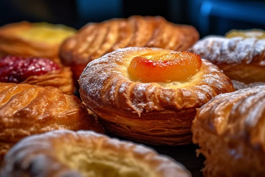 Assorted pastries including danishes with fruit toppings displayed in close-up.