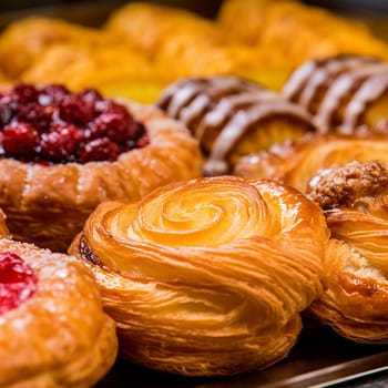 Assorted pastries with fruit and chocolate toppings, freshly baked.